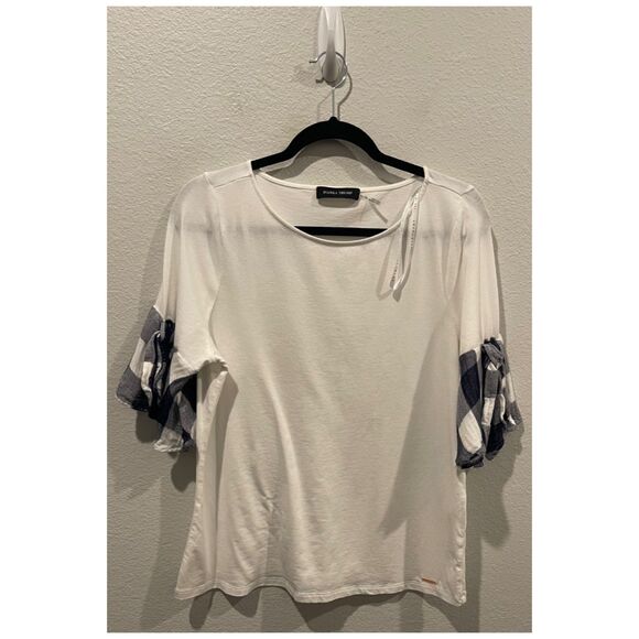 IVANKA TRUMP White Round Neck Plait Short Sleeve Blouse - Picture 1 of 4